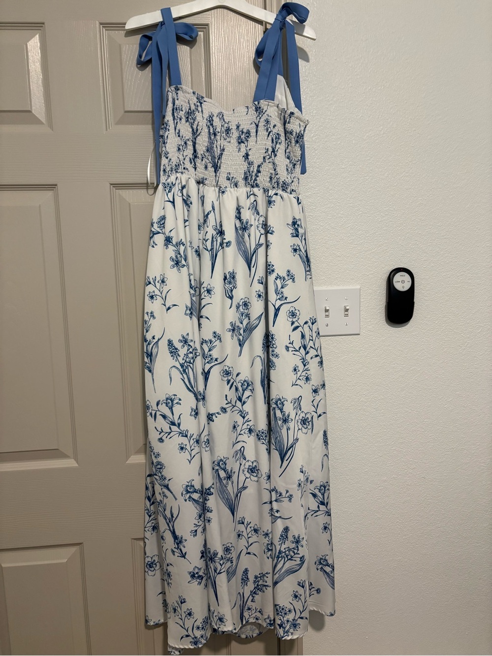 White Sundress with Blue Floral Print and Blue Tie Straps